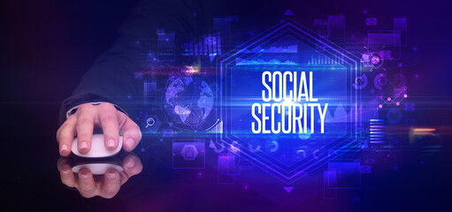 Poster - hand holding wireless peripheral, cyber security concept