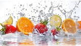 Fototapeta Łazienka - Fresh Fruits with a captivating Water Splash against a clean white background