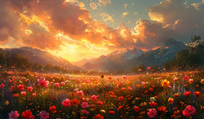 Wall Mural - sunset flower field, dusky colors, shafts of sunlight. AI generative