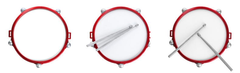 Wall Mural - Bright toy drums and sticks on white background, top view