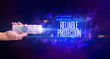 Poster - hand holding wireless peripheral, cyber security concept