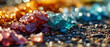 A vibrant array of colored crystal sugars in close detail, sparkling under sunlight