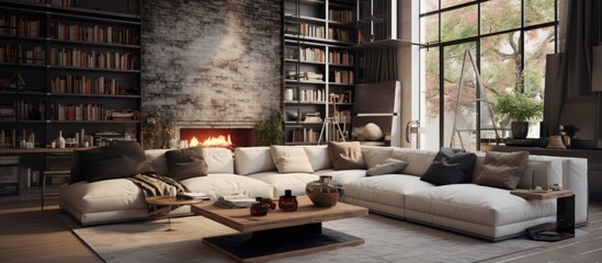 Wall Mural - An inviting living room with a generously sized couch and a warm fireplace as the focal point