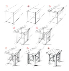 Wall Mural - Page shows how to learn to draw from life sketch a wood stool in perspective. Pencil drawing lessons. Educational page for artists. Developing artistic skills. Online education. Vector illustration.