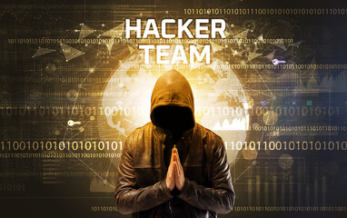 Poster - Faceless hacker at work, security concept