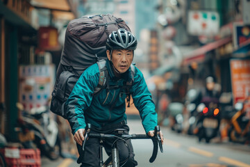 Asian man in a delivery uniform riding a bicycle down a city street