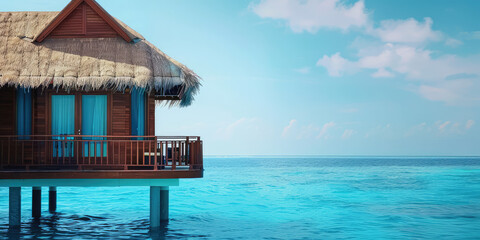 Wall Mural - Secluded Overwater Bungalow in Turquoise Sea or ocean water. Close-up of wooden bungalow with a thatched roof, over turquoise waters of tropical lagoon, blue sky.