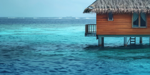 Wall Mural - Secluded Overwater Bungalow in Turquoise Sea or ocean water. Close-up of wooden bungalow with a thatched roof, over turquoise waters of tropical lagoon.