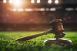 Legal Gavel on Sports Stadium Background with Copy Space: Exploring Sports Law, Taxes, Transfers, Soccer, Football, Baseball, Track, and Field. Concept Sports Law, Taxes, Transfers, Soccer, Football