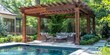 A beautiful wooden arbor with a seating area is placed next to the pool in an outdoor living space The scene captures the lush greenery and swimming pool in front Generative AI