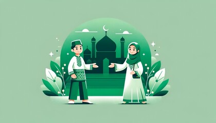 Wall Mural - Illustration for idul fitri in green colors with two characters in traditional attire and mosque silhouette.