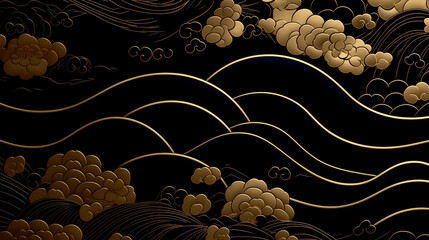 Poster - Horizontal Luxury Image of Elegant Gold Pattern on Black Background in Japanese Style