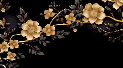 Sticker - Horizontal Luxury Image of Elegant Gold Pattern on Black Background in Japanese Style