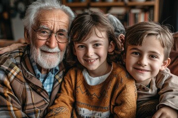 Happy grandparents together with children. Kids at grandparents' house. Grandmother and grandfather become legal guardians and custodians for grandchildren. Family love, care, Generative AI