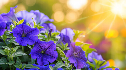 Wall Mural - Blue petunia flowers in a flowerbed in the garden in golden rays of the sun. Floral banner.