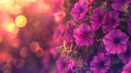 Wall Mural - Purple petunia flowers in a flowerbed in the garden against golden bokeh background. Floral background.