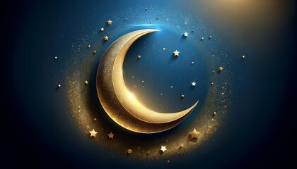 Sticker - Illustration for eid al-fitr with golden crescent moon on dark blue background.