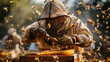 beekeeper harvesting honey.