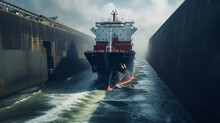 A  Cargo Ship Entering A Massive Sea Lock With Towering Gates.