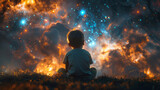 Fototapeta Londyn - A happy amazed kid is sitting on the grass watching the sky full of stars,generative ai