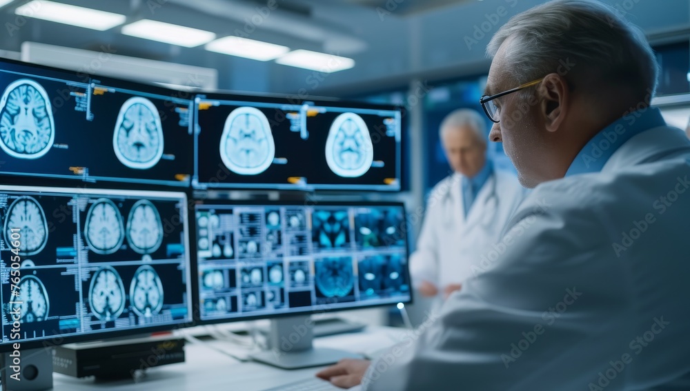 Medical professional analyzing brain scans on multiple computer ...