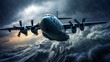 A  cargo transport plane flying through a turbulent storm over the open ocean.