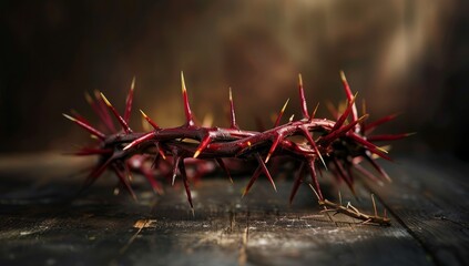 Wall Mural - Red crown of thorns on a wooden background. Symbol of Jesus Christ.
