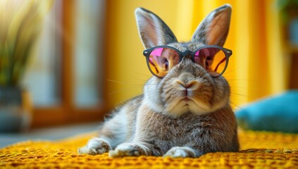 Wall Mural - Adorable Bunny Wearing Pink Sunglasses on Yellow Blanket