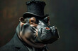 a dark and brooding designer hippo, dressed in a top hat and tie, is captured in this  image. the photographically detailed portraitures showcase the animalier style, using photo-realistic 