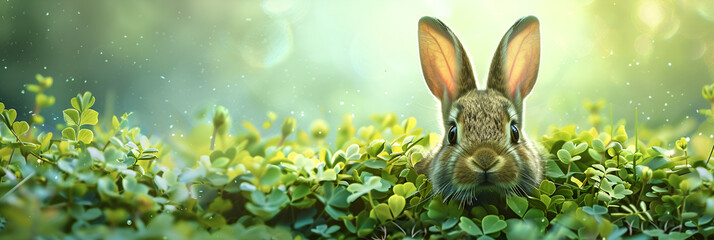 Web Banner Image of a brown rabbit head peaking up above a field of green clover leaves.
