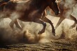 Horses in rodeo arena kicking up dust. Concept Rodeo Events, Dusty Action Shots, Equestrian Competitions