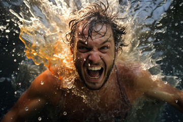 Fine art concept. Man with excited face portrait in splash of colorful water background