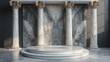 round platform with glass wall panel. Antique greek columns on marble wall