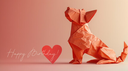 Wall Mural - An origami dog sitting next to a heart. Origami craft, greeting card design element,