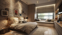 Chic Bedroom With A Brick-textured Wall And Built-in Hidden Storage Under The Window Bench