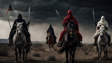 Wall Mural - Horsemen of the Apocalypse - white for conquest, red for war, black for plague or famine, and pale for death - black background - desert landscape. AI generated