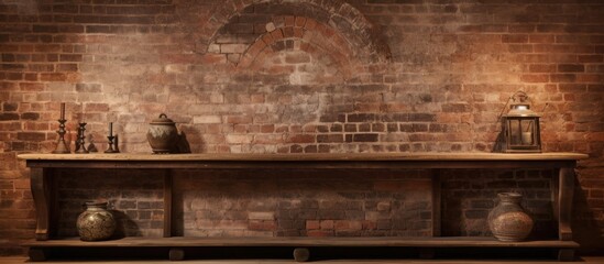 Poster - An interior shot of a traditional brick fireplace with a wooden shelf above it, adorned with a stylish lamp for added warmth and ambiance