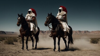 Wall Mural - Horsemen of the Apocalypse - white for conquest, red for war, black for plague or famine, and pale for death - black background - desert landscape. AI generated