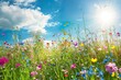 Illustration einer Blumenwiese im Sommer mit Sonnenschein 