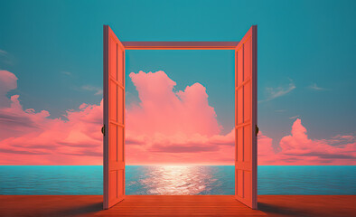 Canvas Print - Open window with tropical landscape and ocean in y2k or vaporwave style. Pink sunrise in 90s style room, vacation calmness frame.