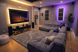 Fototapeta Perspektywa 3d - Tech-savvy setup in grays and purples, smart TV, ambient lighting, and modular sofa.
