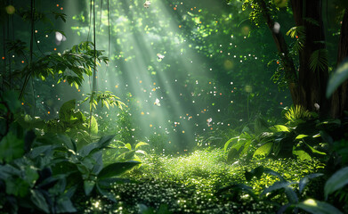 Wall Mural - Lush greenery and glistening light spots give a sense of natural freshness and tranquility