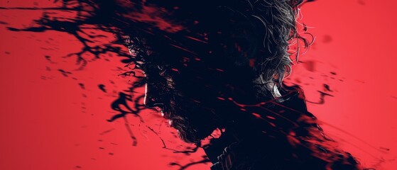 Wall Mural -  A person's face, close up, with blowing hair on a red and black background