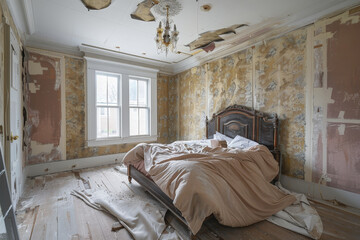 Wall Mural - A professional photo of a bedroom undergoing a major renovation.