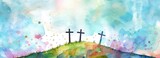Fototapeta Motyle - Watercolor Easter background with three crosses on a hill