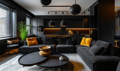 Wall Mural - Modern style living room in a black color palette