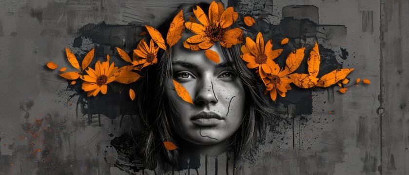  A painting of a woman's face with orange flowers growing out of her head