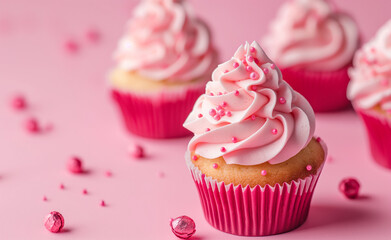 Wall Mural - Close Up of Cupcakes on Pink Background