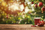 Fototapeta  - jus de fruit frais, jus de grenade pressée dans un verre transparent, posé sur une planche en bois avec devant des graines du fruit, le tout sous un grenadier, arrière-plan flouté d'un jardin
