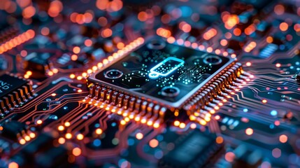 Macro shot of a powerful microchip with a glowing cybersecurity icon, mounted on a printed circuit board (PCB) with electrical pathways illuminated.